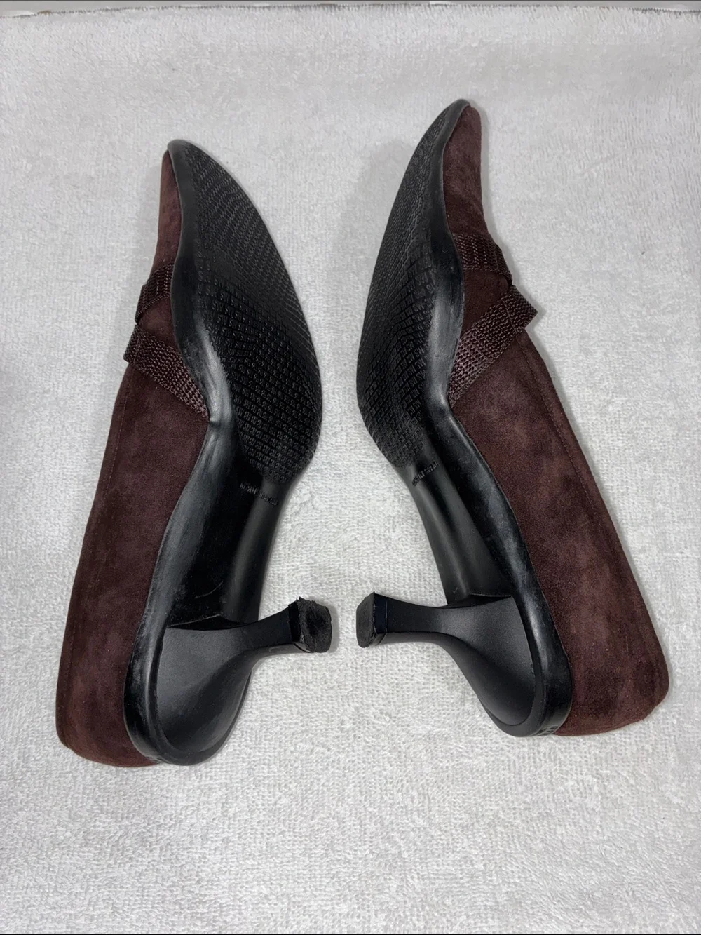 Stuart Weitzman Dark Brown Suede Mid Heel Pumps with Sling Accent